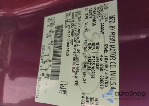 2004 Ford F-150 Lariat/Xl/Xlt из США, поврежденный, VIN 1FTPX12544NB07425